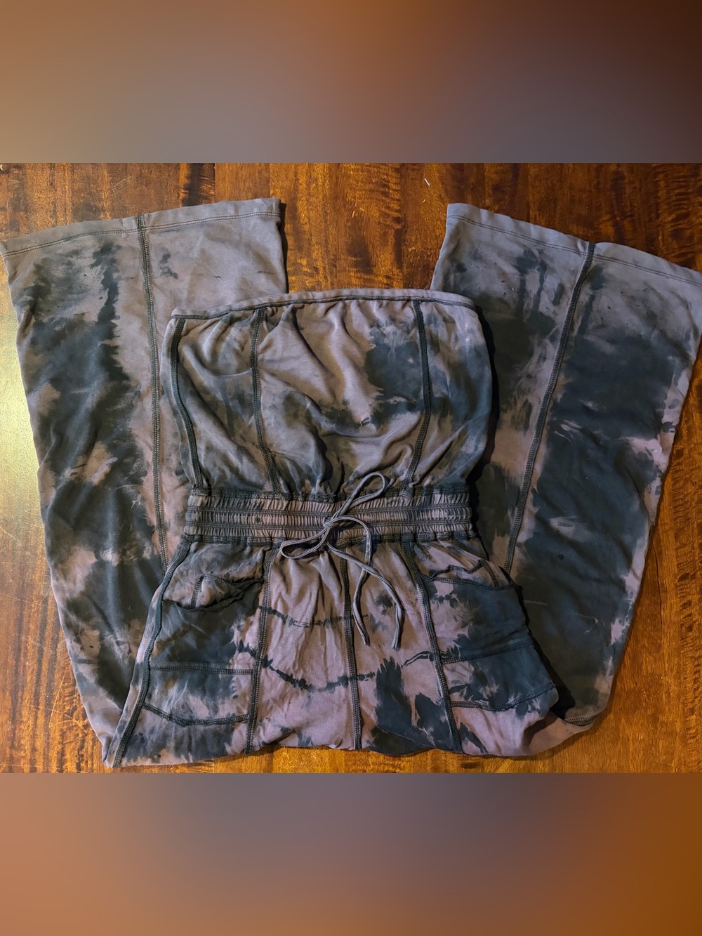 Upcycled Dusty Purple and BlackTie-Dye Strapless Wide Leg Jumpsuit Women’s Sz Sm